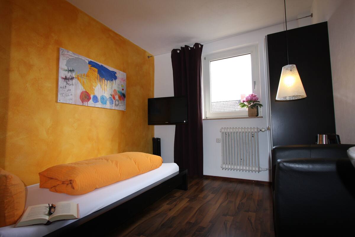 A room with a bed, a TV, a radiator, a window with curtains, and a hanging light fixture.