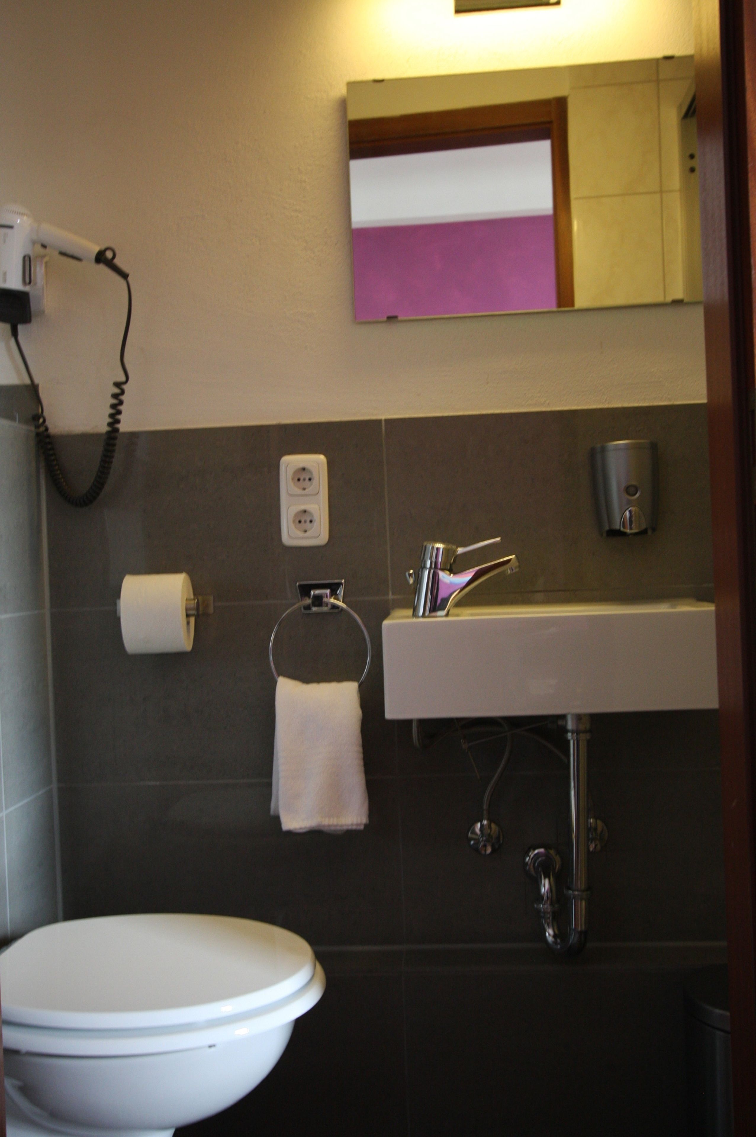 A bathroom with a toilet, sink, and towel rack.