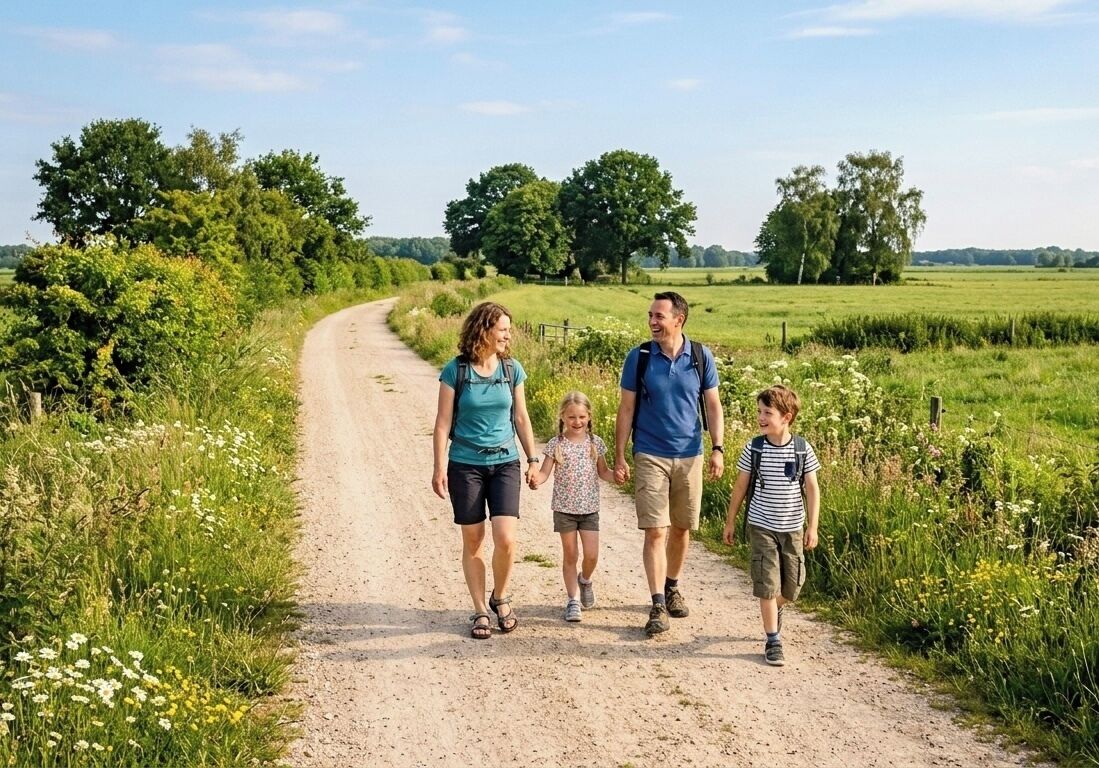 A rural dirt road with a family walking.