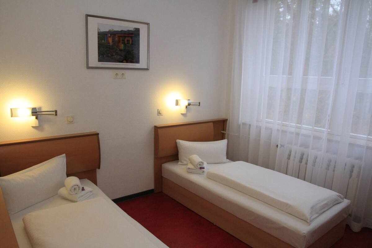 Habitación de hotel con dos camas individuales, un cuadro enmarcado en la pared y una ventana con cortinas de gasa.