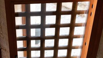 A wooden door with a grid pattern, leading to an outdoor area.