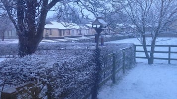A snow-covered garden with a wooden fence, a tree, and a traditional Japanese lantern.