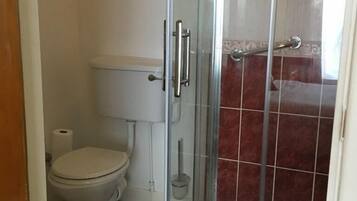 A bathroom with a toilet, a glass shower enclosure, and a tiled shower area.