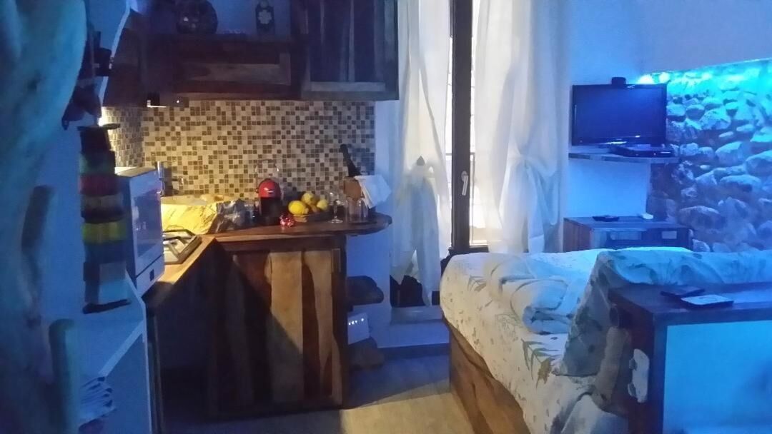 A compact room with a kitchenette, a bed, and a television.
