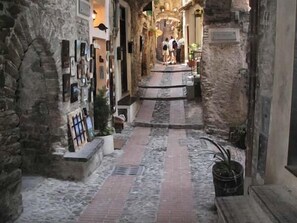 A narrow stone pathway leading to a building with a rustic, historical appearance. - Il Libro Verde (Dolceacqua)