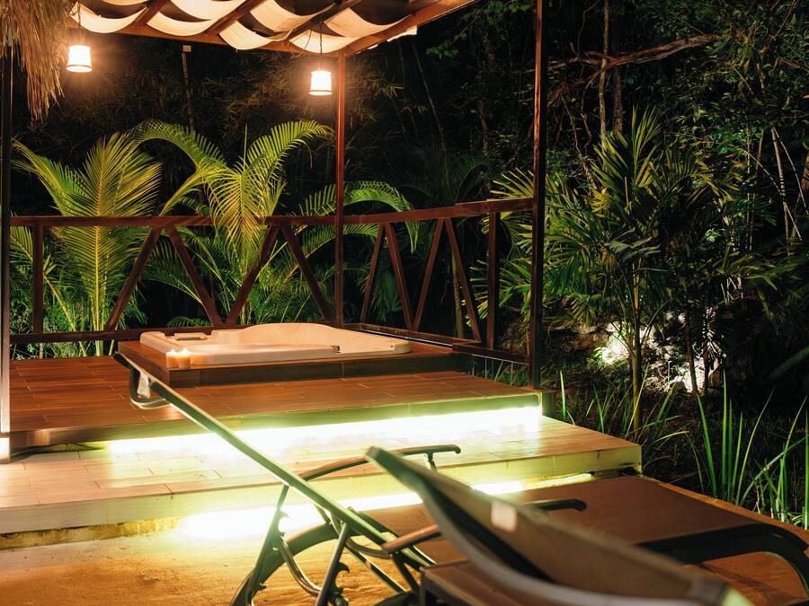 An outdoor seating area with a wooden bench and a table, surrounded by lush greenery.