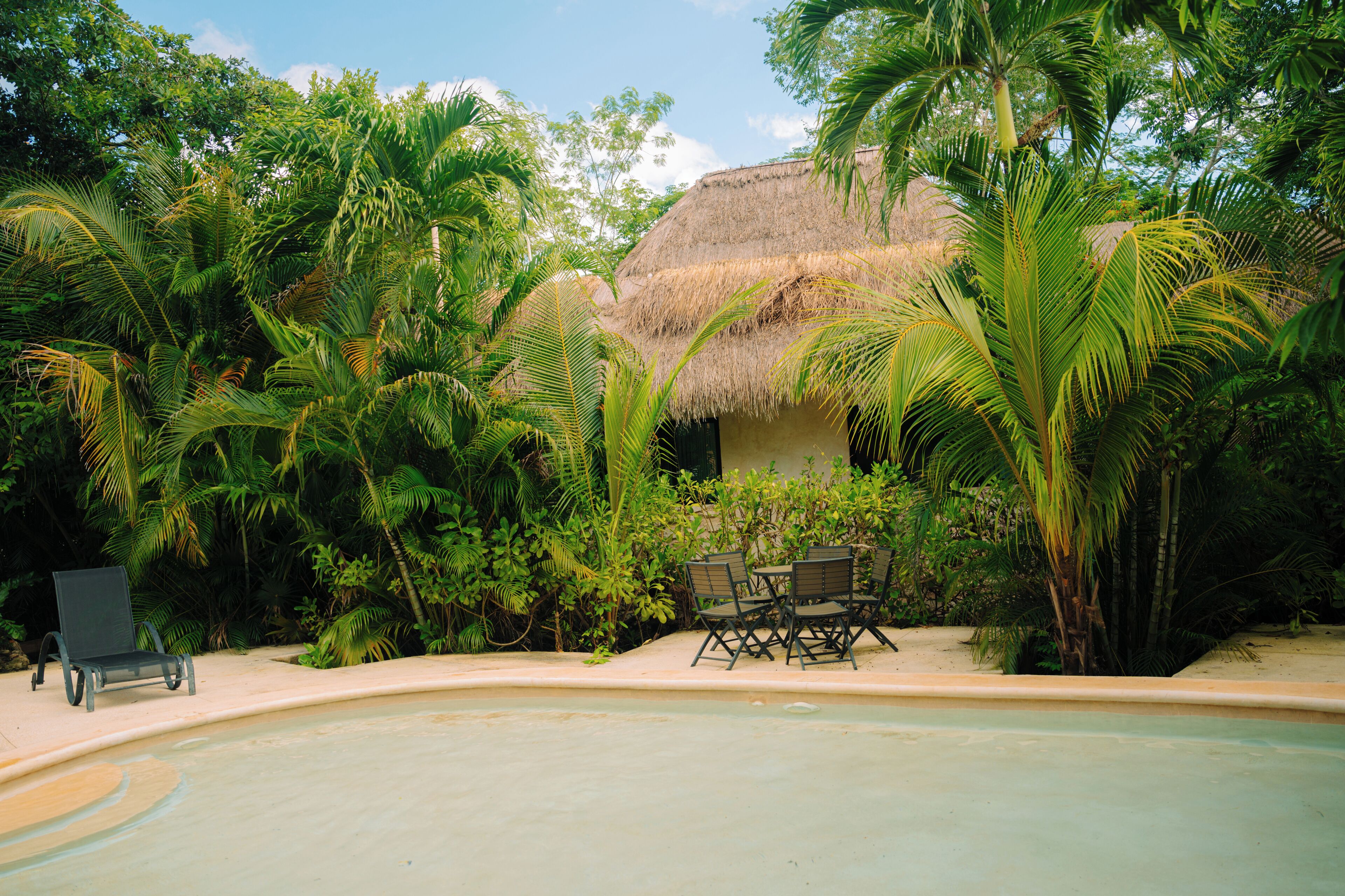A pool area with a thatched-roof structure, surrounded by lush greenery and a few lounge chairs.