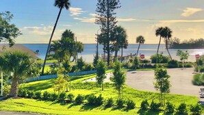 A parking lot with palm trees and a view of the water. - Davis House Inn (Sebastian)