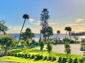A parking lot with palm trees and a view of the water. - Davis House Inn (Sebastian)