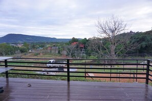 A wooden deck with a metal railing overlooking a park with a playground, a dirt path, and houses in the background.
