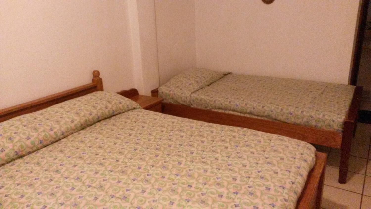 A room with two wooden beds with patterned bedding, a wooden headboard, and a plain wall.