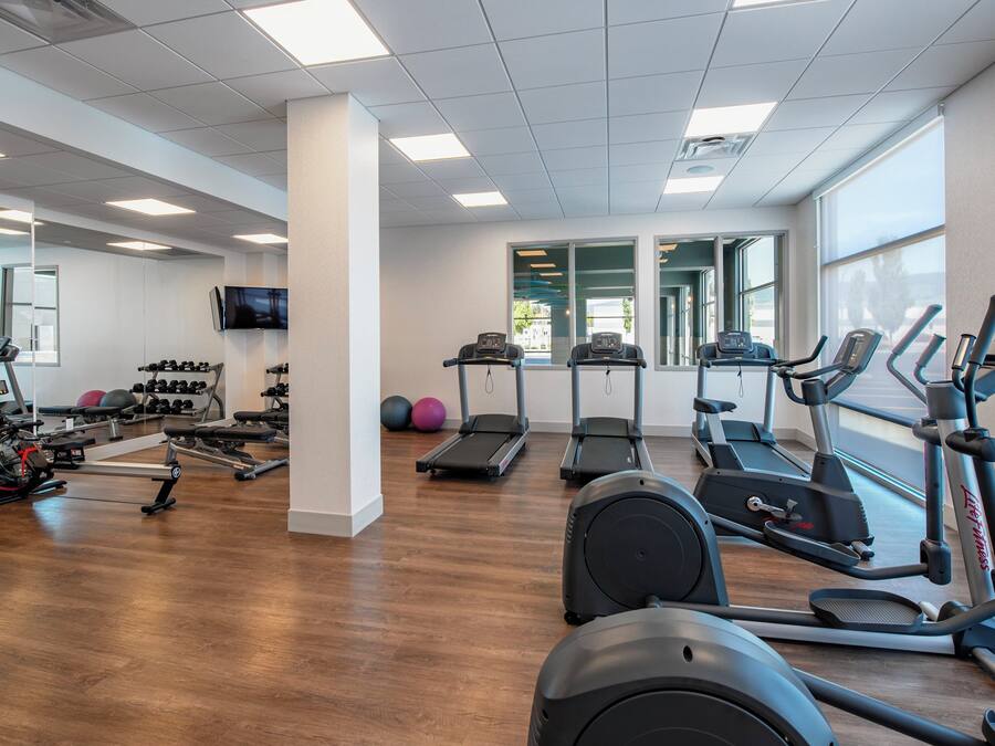 A gym with treadmills, elliptical machines, and weightlifting equipment.