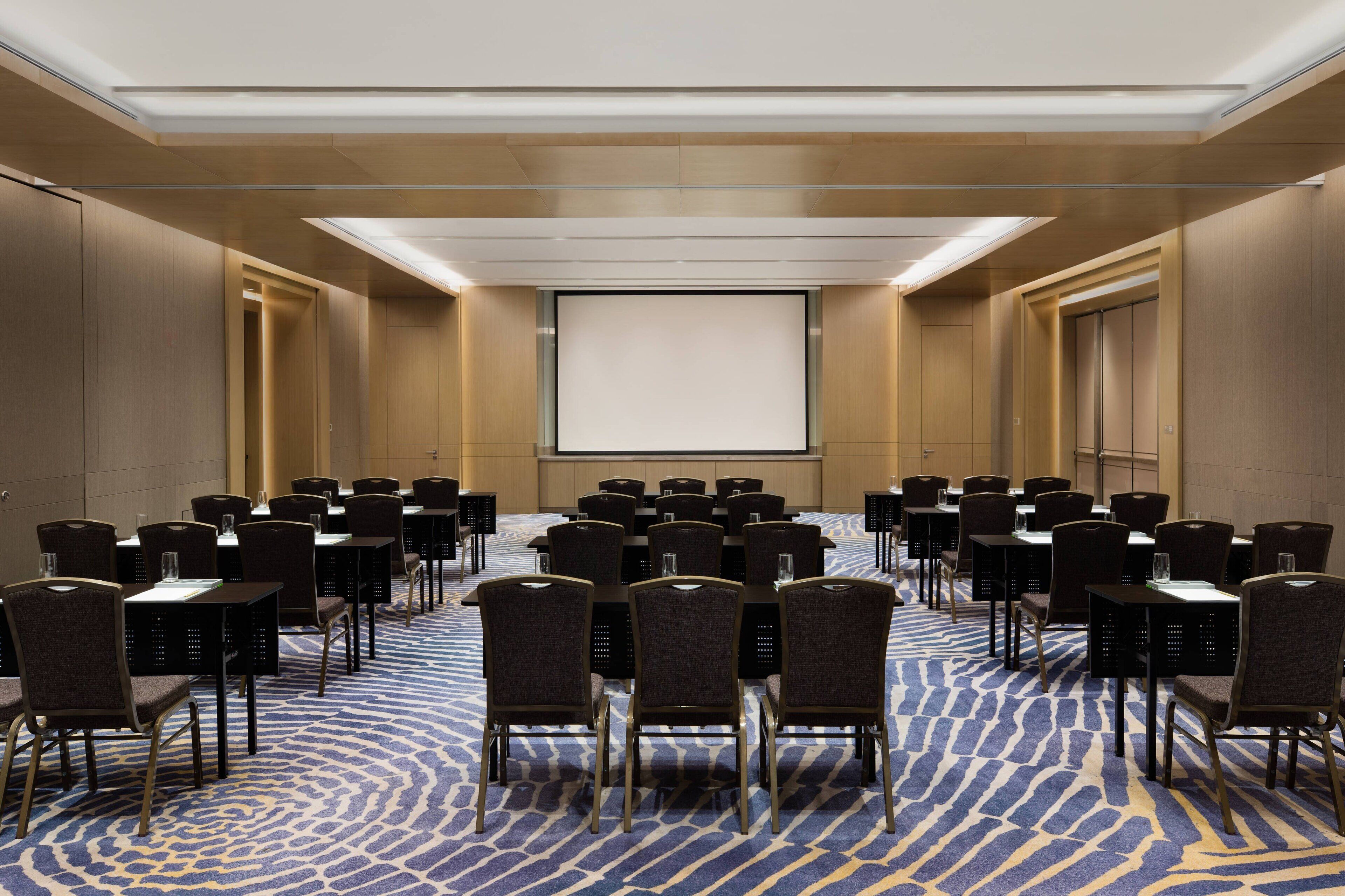 A conference room with rows of chairs and tables, a large screen at the front, and a patterned carpet.