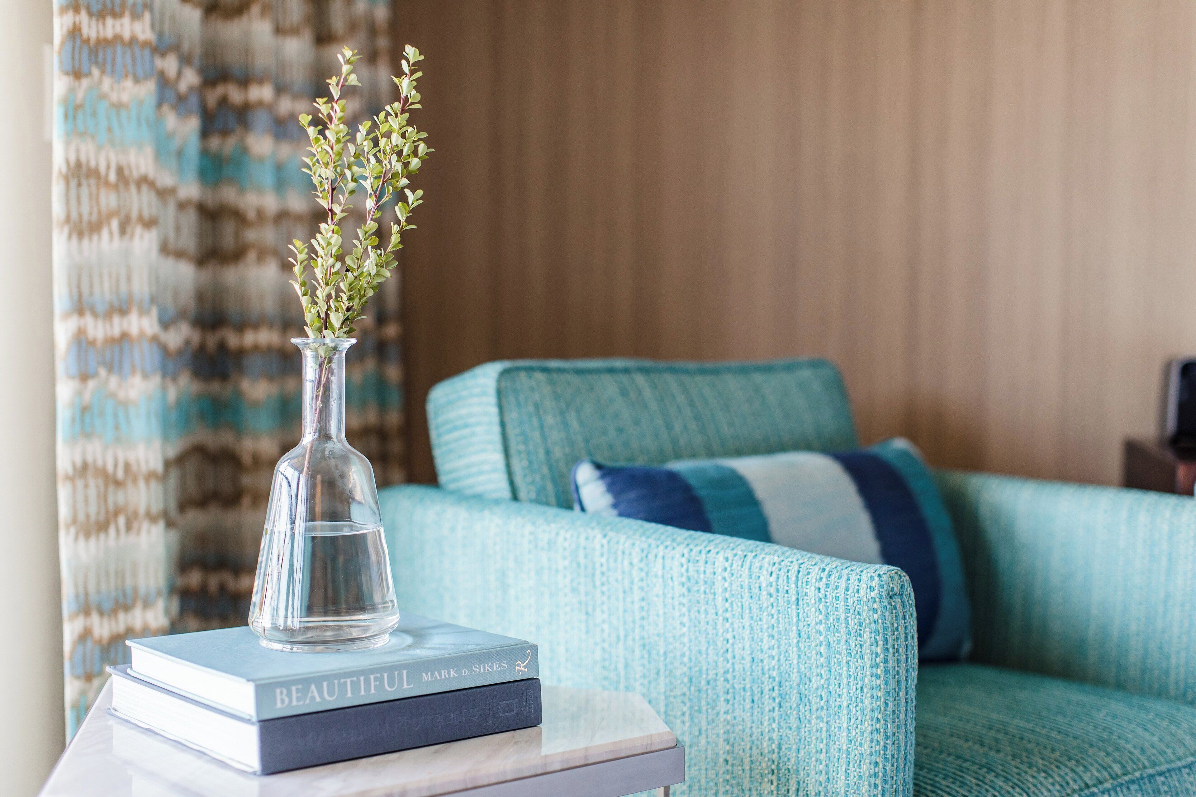 A clear view of a room with a blue sofa, a small table with a vase and books, and a patterned curtain.