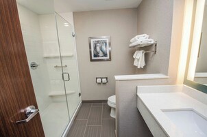 A modern bathroom with a glass shower enclosure, a toilet, and a sink with a towel rack.