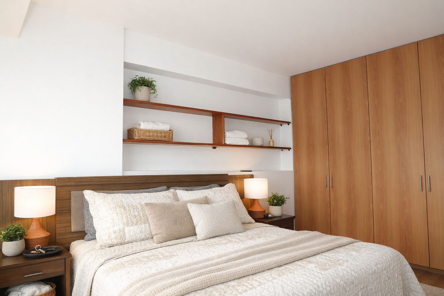 A bedroom with a large bed, wooden headboard, bedside tables with lamps, a wardrobe, and built-in shelves with decorative items.