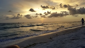 On the beach, sun-loungers, beach towels