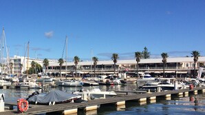 Un port de plaisance où sont amarrés de nombreux bateaux, une jetée et un bâtiment, avec des palmiers en arrière-plan.