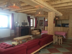 Télévision, cheminée, lecteur de DVD, chaîne hi-fi