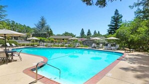 A rectangular pool with a tiled edge, surrounded by lounge chairs and umbrellas, set in a landscaped area with trees and a clear sky.