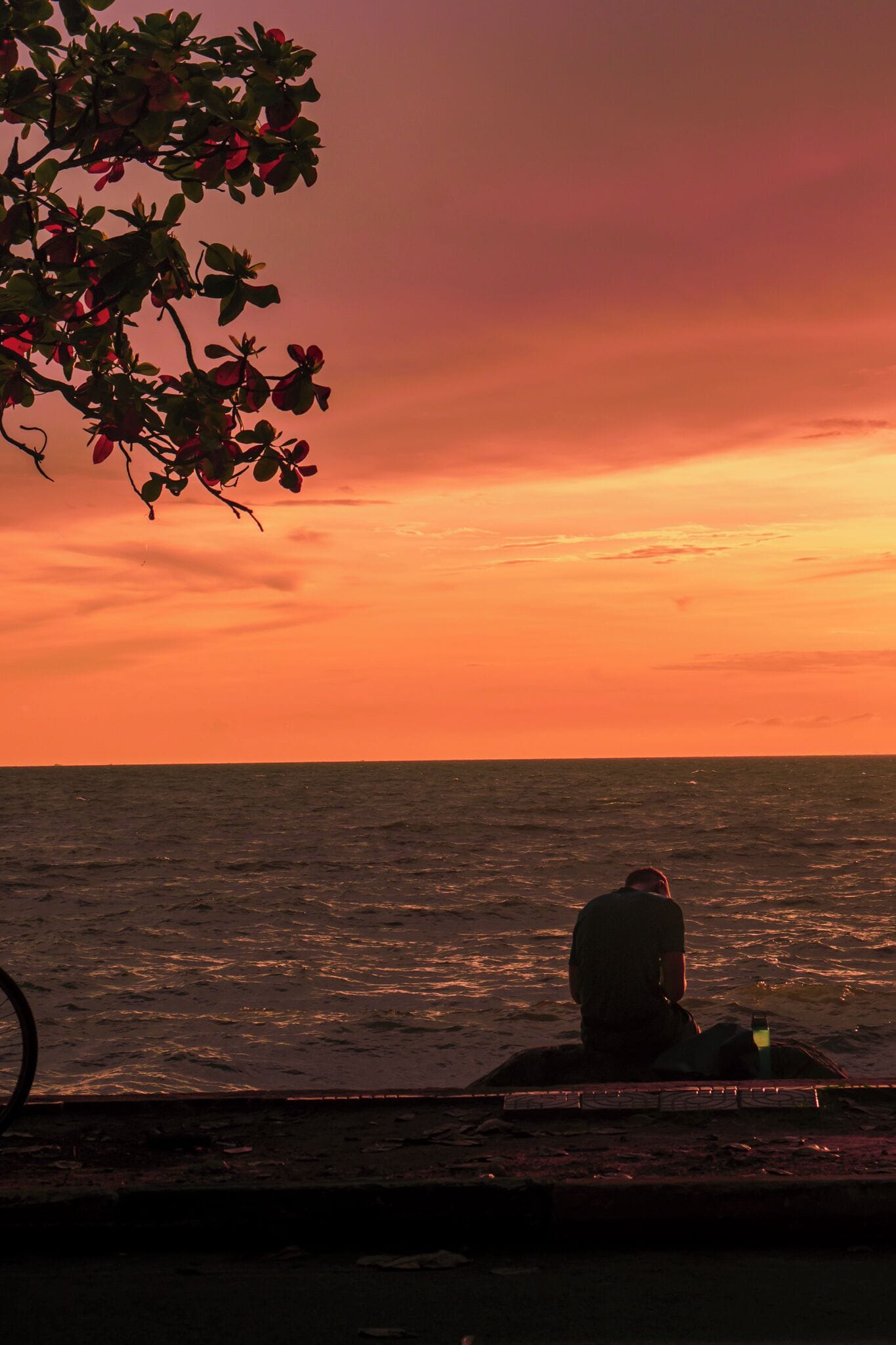 A person sitting by the sea during sunset.