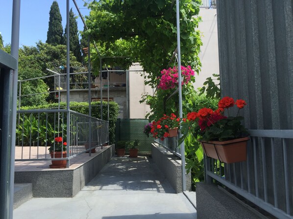 Un sendero estrecho bordeado por barandales metálicos, que conduce a la entrada de un edificio.