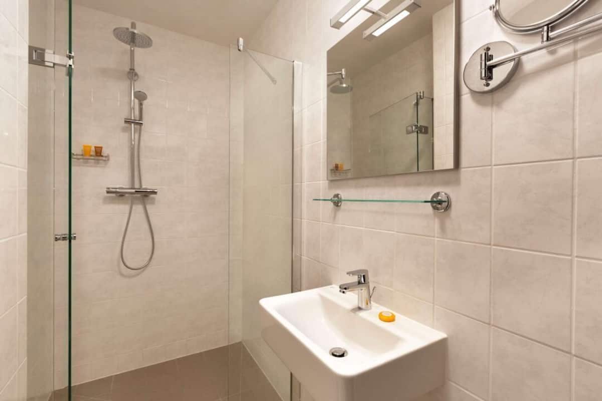 shower, free toiletries, hair dryer, towels