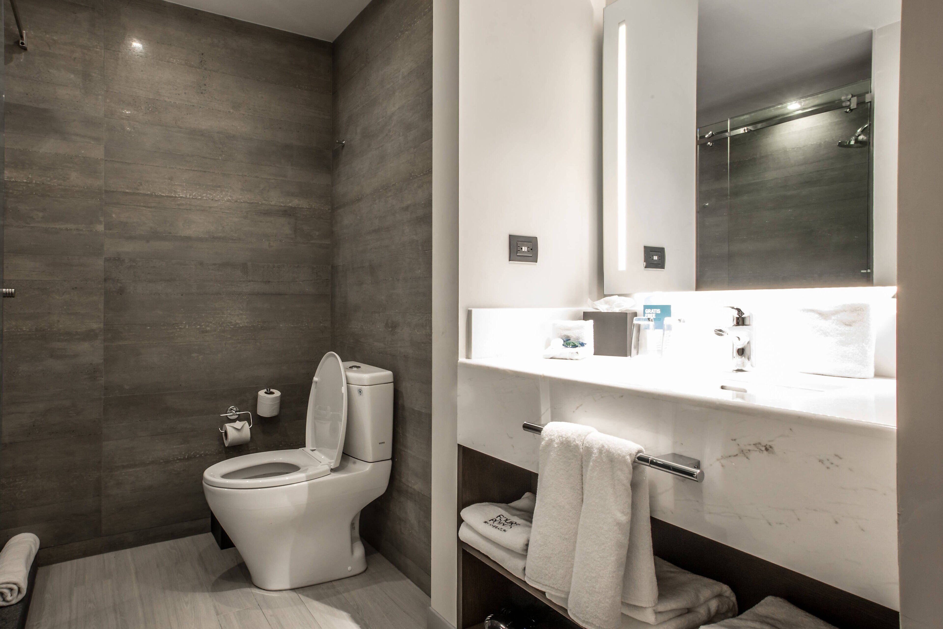 A modern bathroom with a toilet, sink, and mirror.