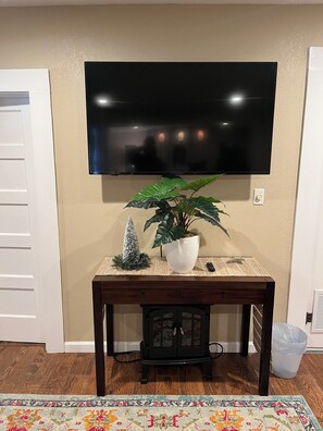A living room with a flat-screen TV mounted on the wall, a wooden table with a potted plant, a small Christmas tree, and a patterned rug.