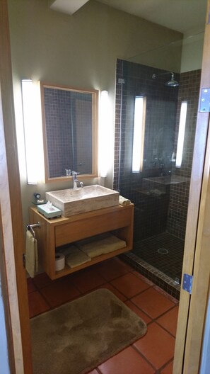 Douche, séchoir à cheveux, serviettes fournies, savon