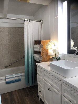 Combined shower/tub, jetted tub, hair dryer, bidet