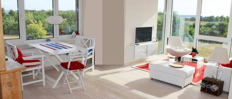 TV, DVD player, books, music library