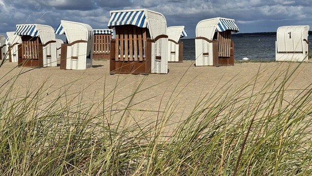 Beach huts with striped awnings, arranged in a row on a sandy beach with grass in the foreground. - Light-flooded apartment with private sauna! Beach walking distance, with dog! (Hohenkirchen)