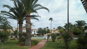 A pathway leading to a pool area surrounded by palm trees and greenery, with buildings in the background.
