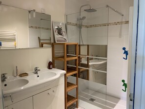 Chuveiro, secador de cabelo, papel higiênico 