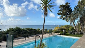 A pool area with a view of the ocean, surrounded by palm trees and a fence. -    Superb 5* family  Villa  for up to10 people (Ajaccio)