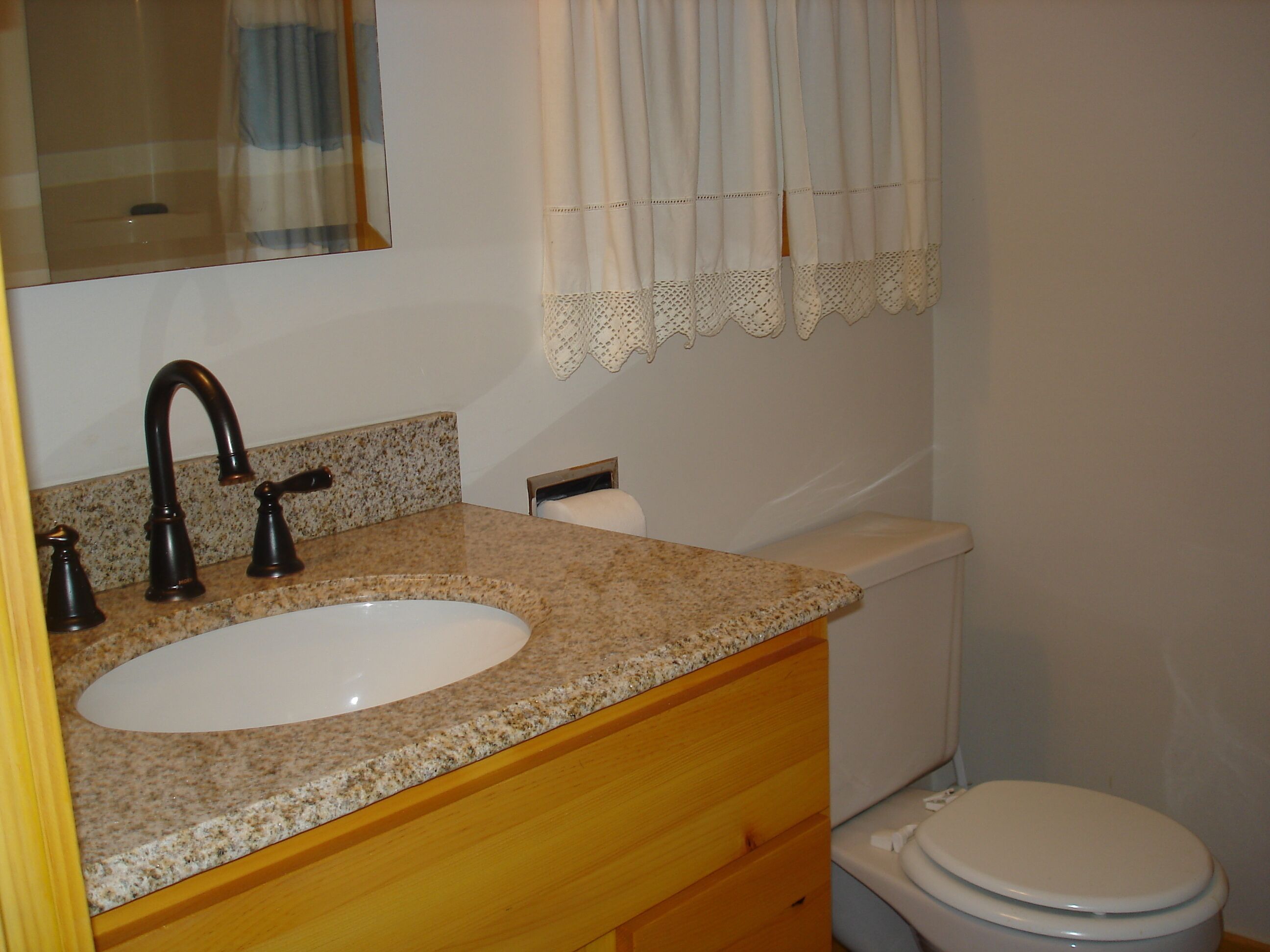 Une salle de bain avec un lavabo à vasque en granit, des toilettes et un miroir.