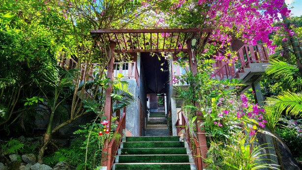 A staircase leading to a covered area surrounded by lush greenery and flowering plants. - Kanya Cozy Bungalows Kata Beach (Karon)