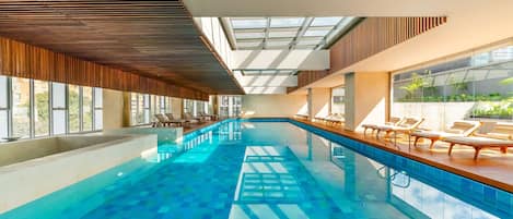Indoor pool, open 6 AM to 8:00 PM, sun loungers, lifeguards on site