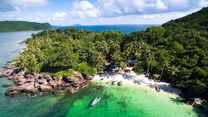 Vista aérea de una isla tropical con aguas turquesas cristalinas, densas palmeras y un pequeño muelle con barcos.
