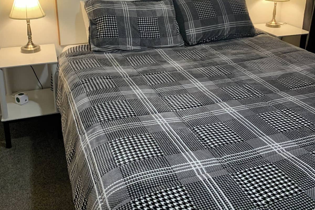 A bed with a checkered bedspread, two bedside lamps, a framed painting above the bed, and a small bedside table with a lamp.