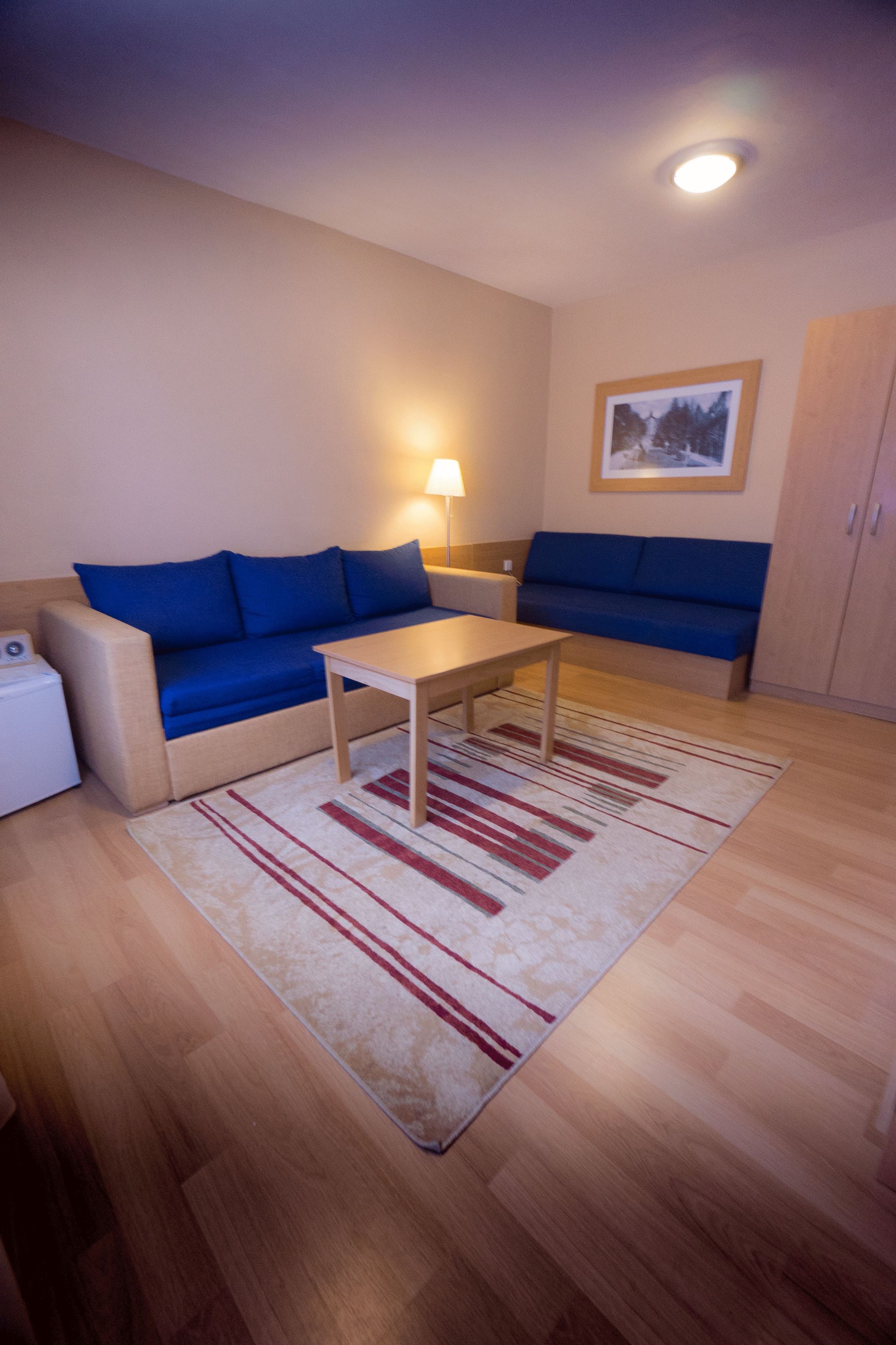 A compact living room with a sofa, a small table, and a lamp.