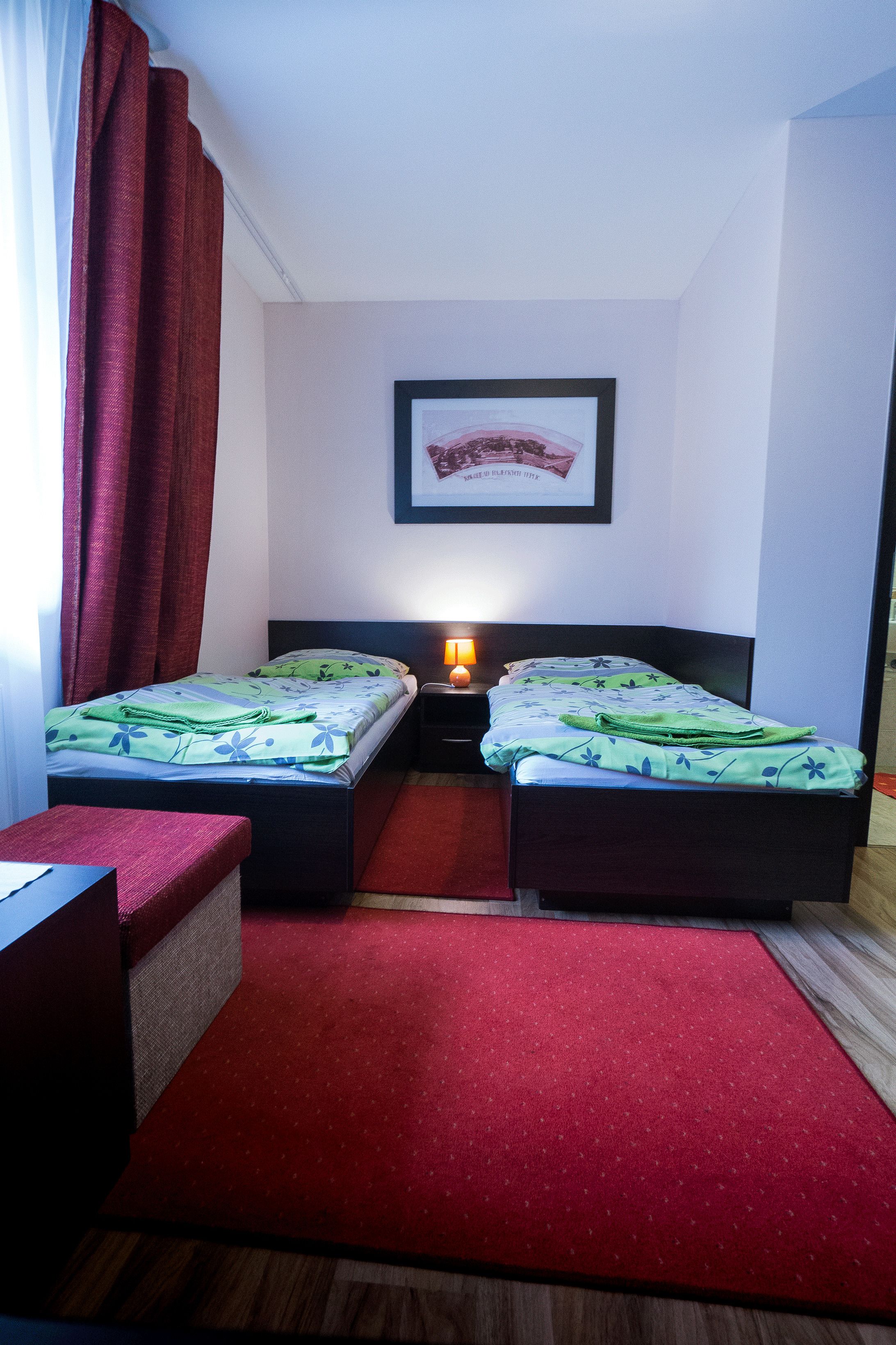 A room with two beds, a red carpet, a framed picture on the wall, and a nightstand with a lamp.