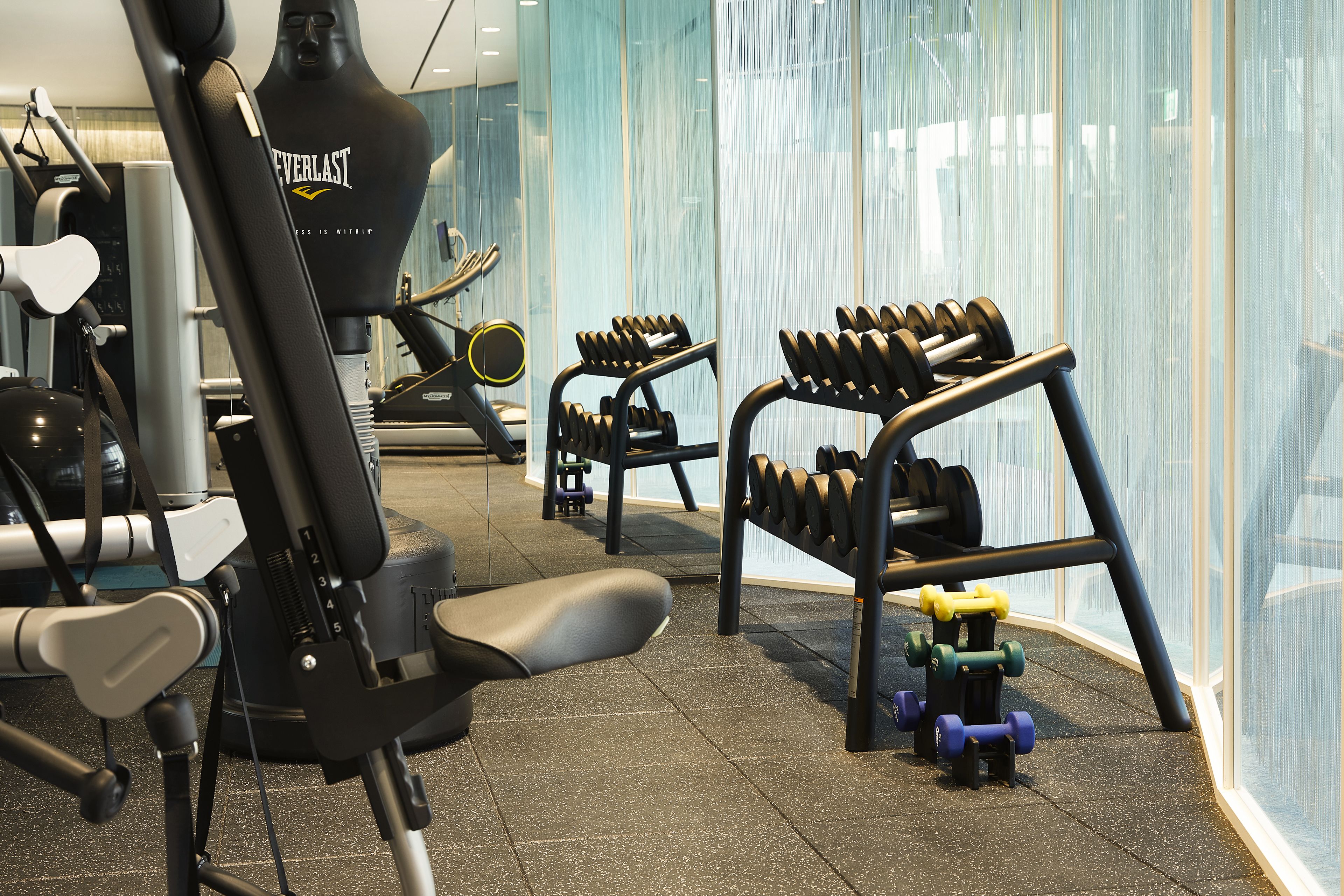 Un gimnasio con equipo de ejercicios, incluyendo cintas de correr y pesas.