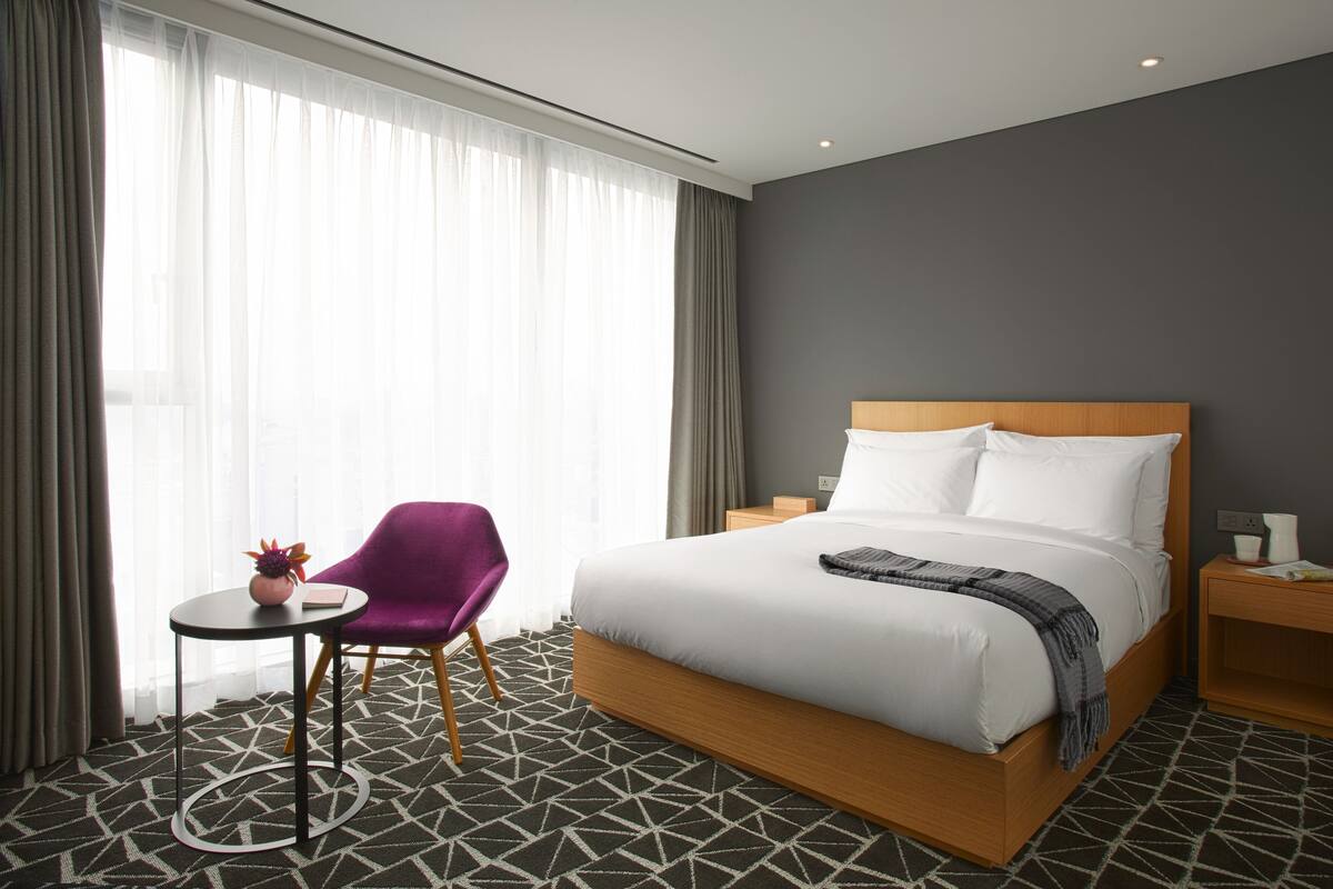 Une chambre d’hôtel avec un grand lit, une petite table ornée d’une plante, un fauteuil violet et une vue sur la ville à travers de fines rideaux.