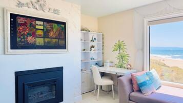 Smart TV, fireplace, books, computer monitors