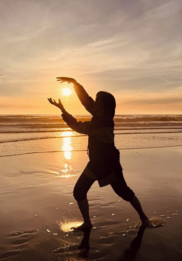 A person performing a martial arts pose on a beach at sunset.