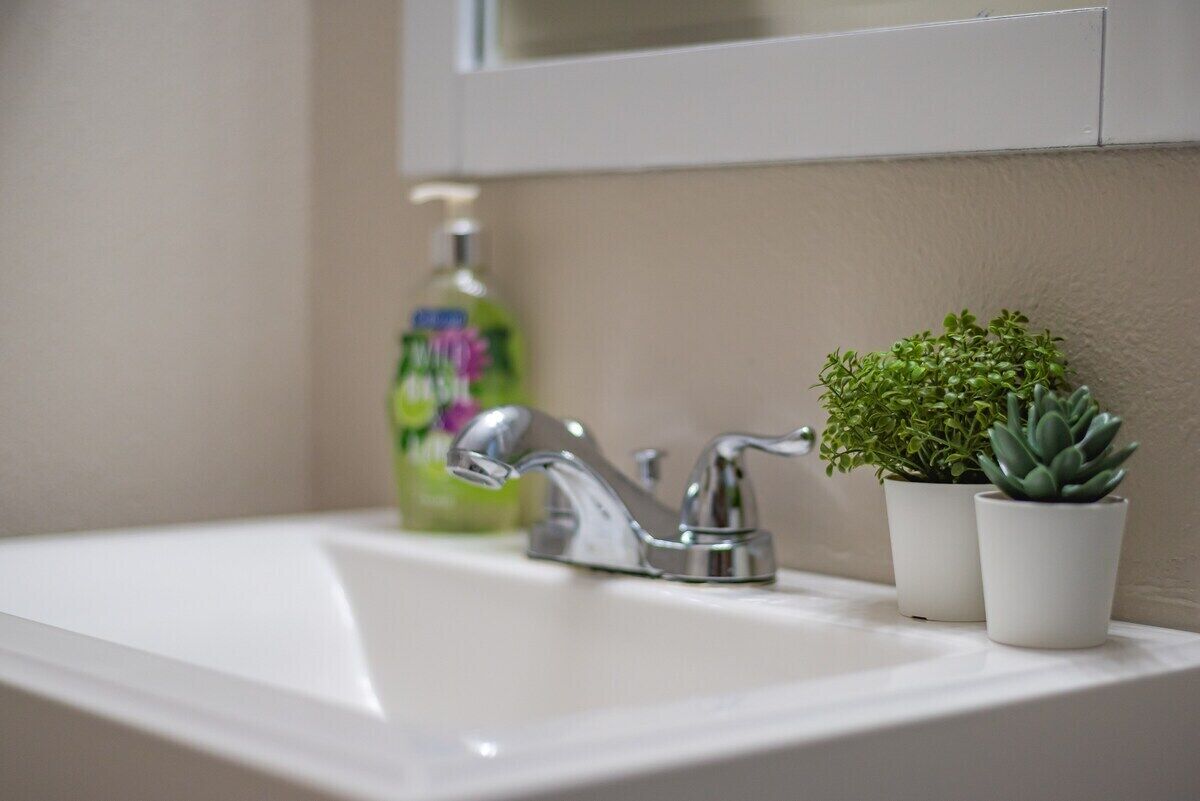 A bathroom sink with a modern faucet, a bottle of liquid soap, and two small potted plants.