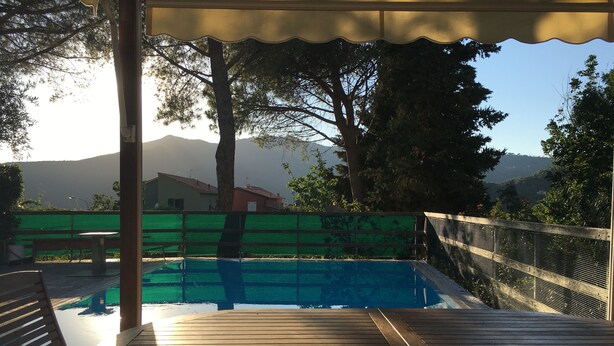 Ett trädäck med en pool, omgivet av ett grönt staket och träd.