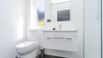 A modern bathroom with a toilet, a sink, a mirror, and a window.